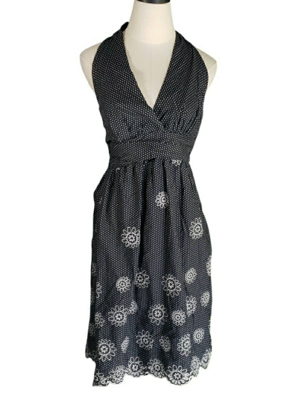 Retro Vtg Roulette  Halter Midi Sundress Embroidered Floral Anthro Polkadots 10